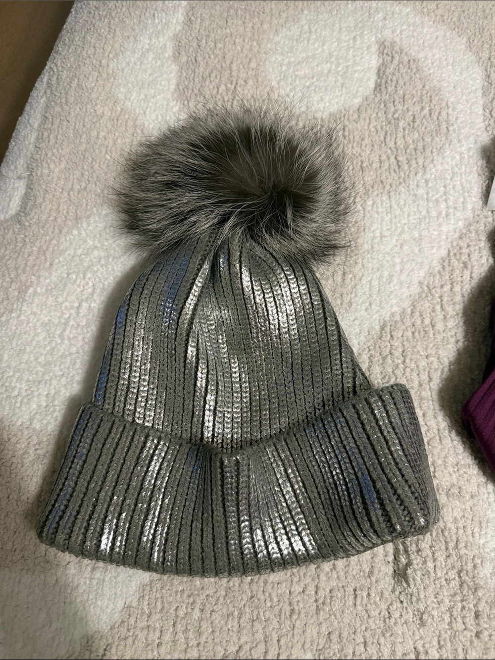 Adrienne Landau Silver Metallic Ribbed Pom Beanie